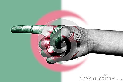 Hand point with finger in algerian national flag