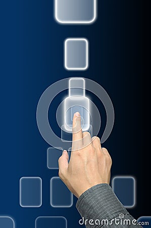 Hand pushing a button on touch screen interface