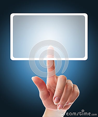 Hand pushing a button on a touch screen interface