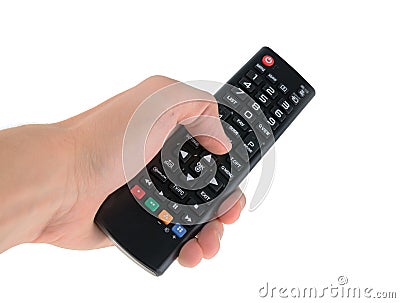 Hand with remote control on white