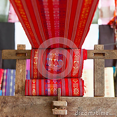 Handmade silk textile industry, silk scarf on a old machine