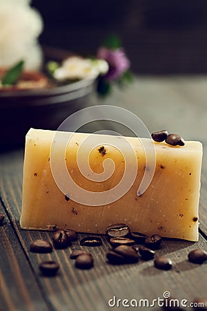 Handmade soap closeup and spa products on background
