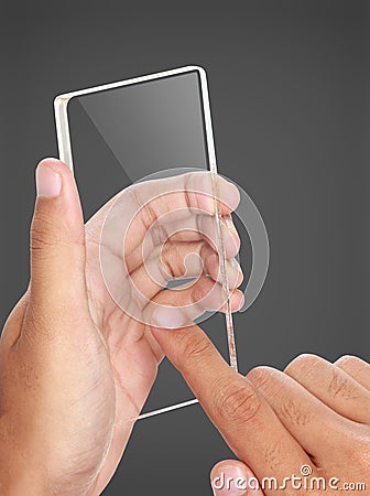 Hands holding futuristic transparent mobile phone