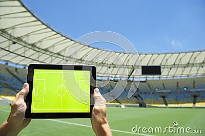 Hands Holding Tactics Board Football Stadium Rio Brazil