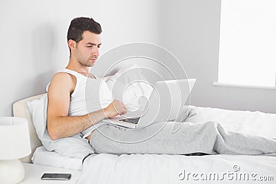 Handsome calm man using laptop in his bed