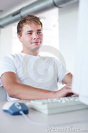 Handsome college student using a computer