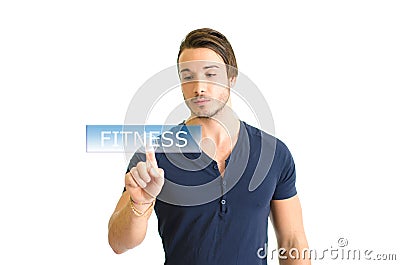 Handsome and fit guy choosing fitness on invisible board