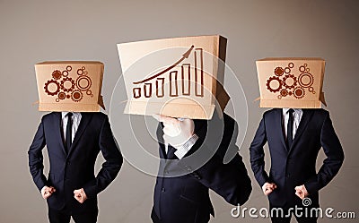 Handsome men in suit gesturing with drawn charts on box