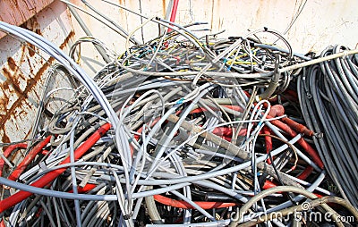 Hank of cord amassed in a container in waste landfill