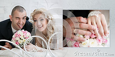 Happy bride with a wedding bouquet from roses and the cheerful groom who is putting out the tongue, lie on a bed in bedroom