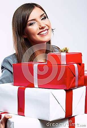 Happy Business woman hold gift box. White backgrou