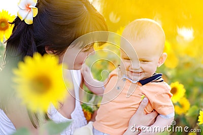 Happy family in spring field