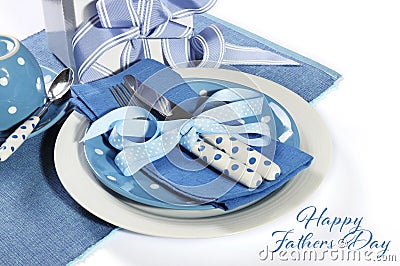 Happy Fathers Day blue theme table setting with gift