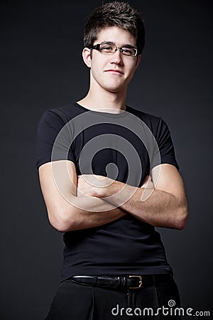 Happy man wearing black T-shirt.