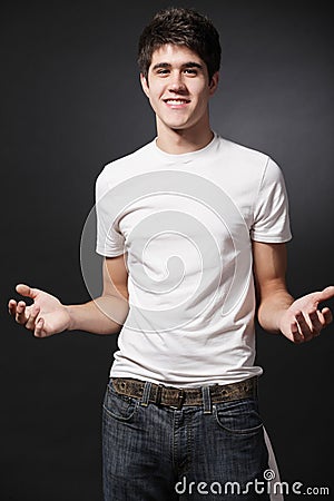 Happy man wearing white T-shirt.