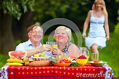 Happy mature couple having picnic