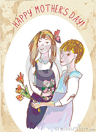 Happy mothers day vintage card with girls