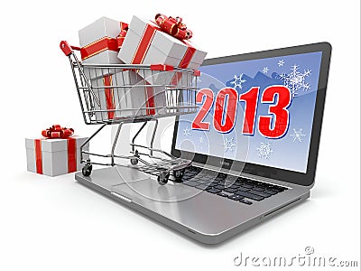 Stock Photography: Happy new year 2013. Laptop and gifts on shopping