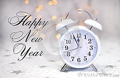 Happy New Year message with white retro clock with sample text