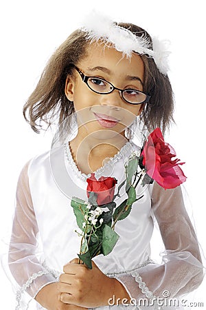 A dressy, young elementary girl happily carrying red roses. - happy-rose-carrier-dressy-young-elementary-girl-happily-carrying-red-roses-white-background-33467295