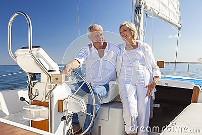 Happy Senior Couple Sailing Yacht or Sail Boat