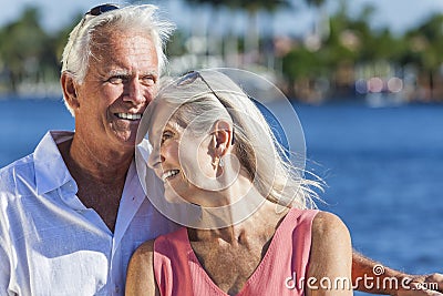 Happy Senior Couple Walking Tropical Sea or River