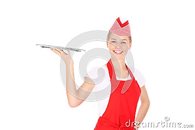 Happy waitress with a tray