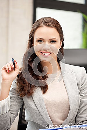 Happy woman with big notepad