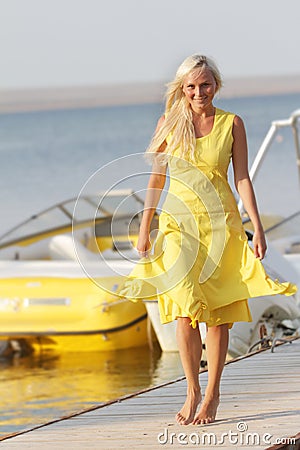Happy woman on boats background