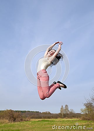 Happy woman joyful leap