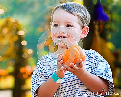 Happy young boy picking a pumpkin