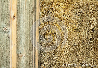 Hay bails in the barn for horse feed