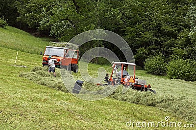 Haying Swiss farmers in alpine meadow, Switzerland