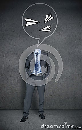 Headless businessman with paper airplanes in speech bubble