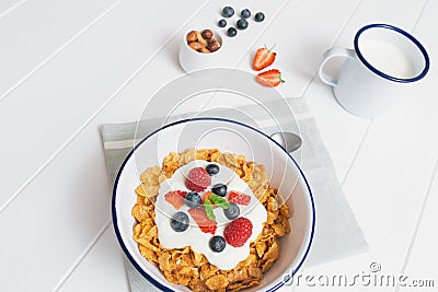 Healthy breakfast with cereals and berries in an enamel bowl