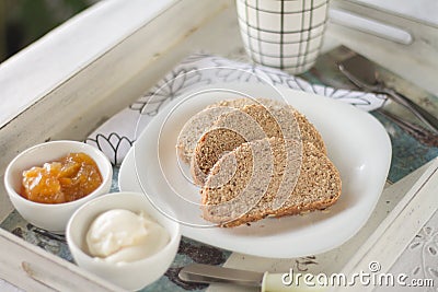 Healthy Breakfast: milk coffee with toasts.