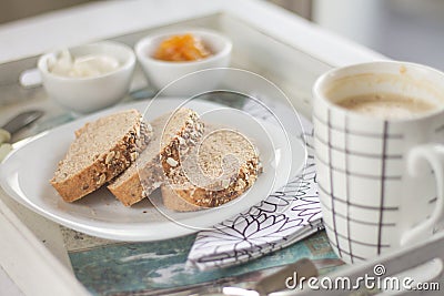 Healthy Breakfast: milk coffee with toasts.