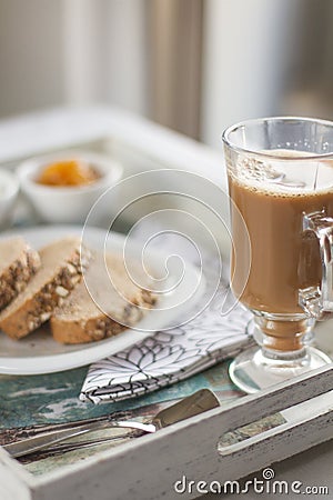 Healthy Breakfast: milk coffee with toasts.
