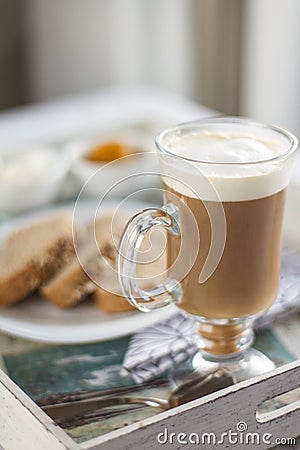 Healthy Breakfast: milk coffee with toasts.