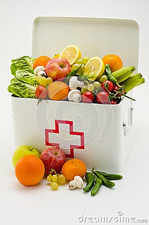 Healthy food. First aid box filled with fruits and vegetables.