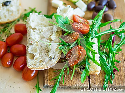 Healthy food set consisting of fresh sandwich with cherry-tomato