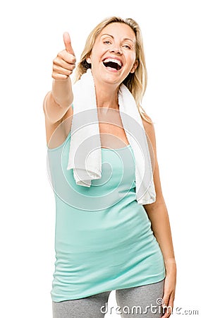 Healthy mature woman thumbs up sign isolated on white background