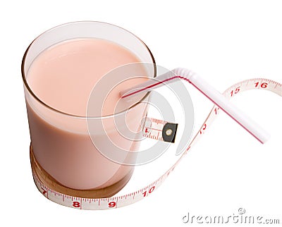 Pink colored (implies strawberry flavor) dietary shake with measuring ...