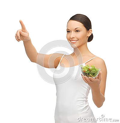 healthy-woman-holding-bowl-salad-pointin