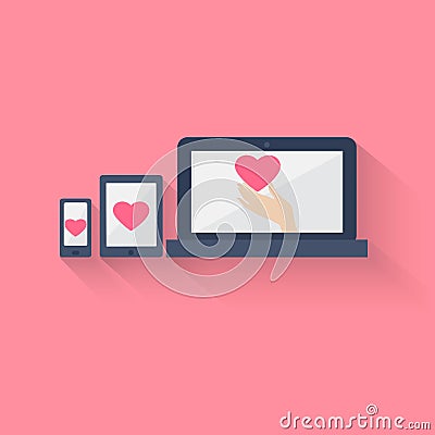 Heart displayed on three electronics, on pink