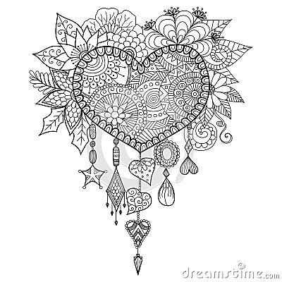 Heart Shape Floral Dream Catcher For Coloring Book For Adult Stock 