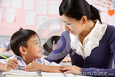 Helping Student Working At Desk In Chinese School
