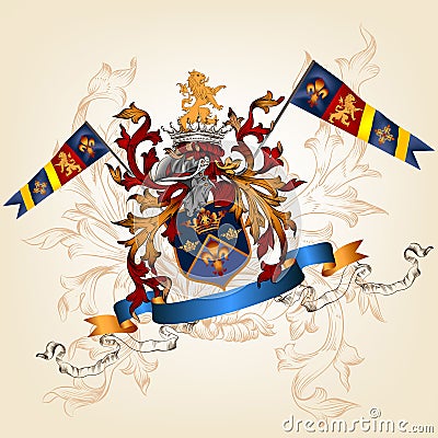 Heraldic design with coat of arms, helmet and shield