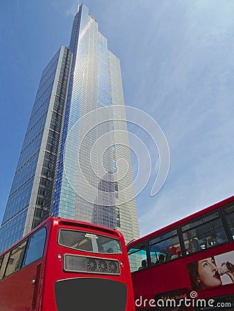 Heron Tower and red London bus