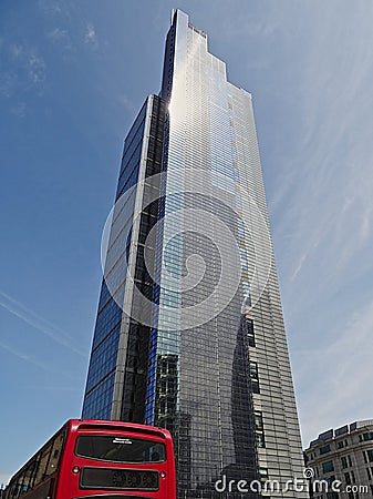 Heron Tower and red London bus